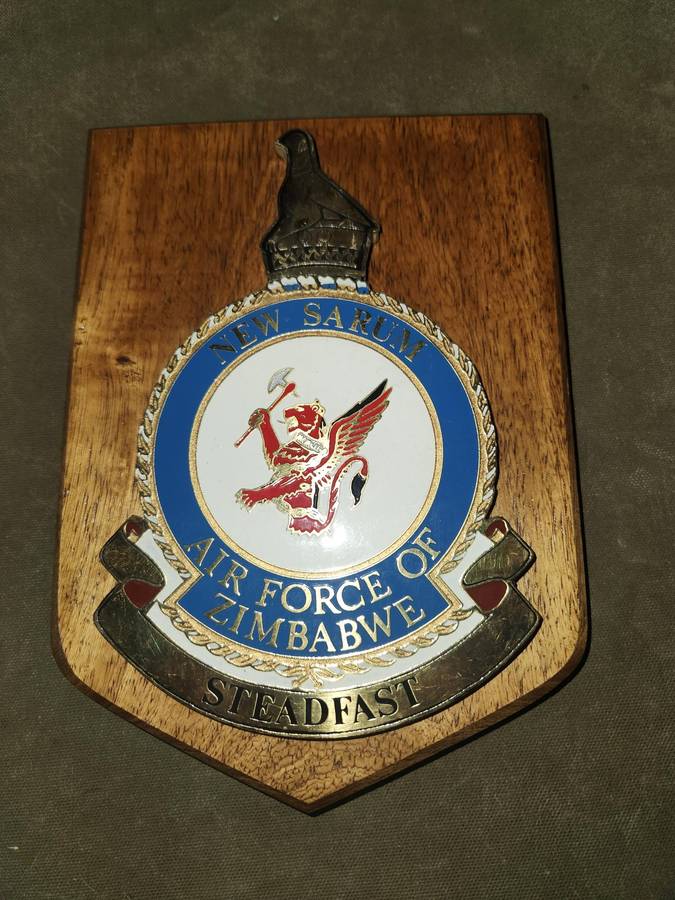 hard to find post Independence Zimbabwe Air Force plaque on African Hardwood wooden backing glue loo