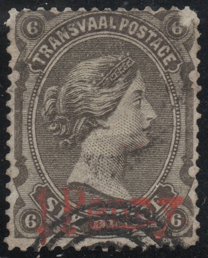 TRANSVAAL 1879 SACC168a 1d on 6d SURCHARGED IN RED VFU CV R10000