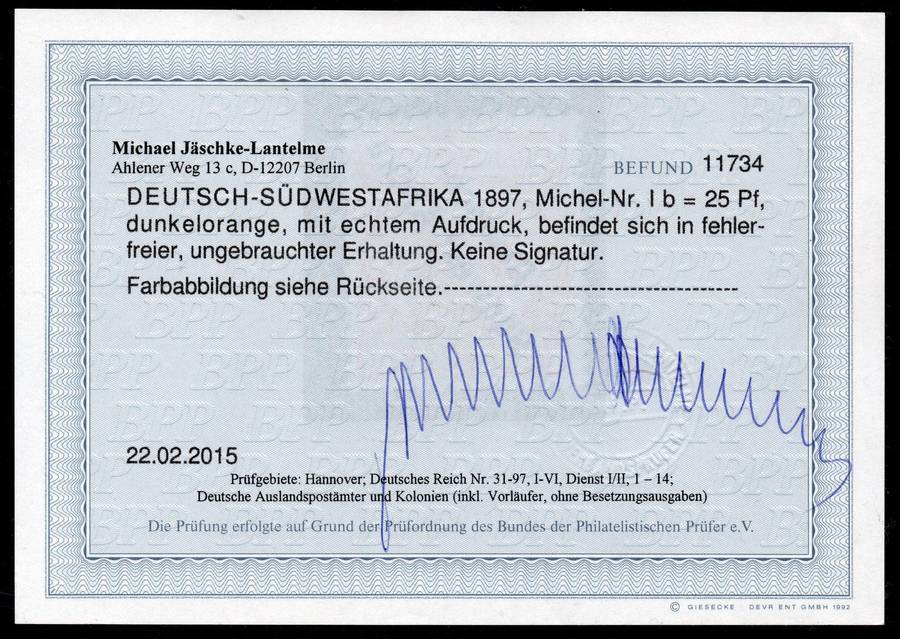 GERMAN SWA 1898 SACC11a 25Pfg DARK ORANGE W/CERTIFICATE - LMM - CV R8000