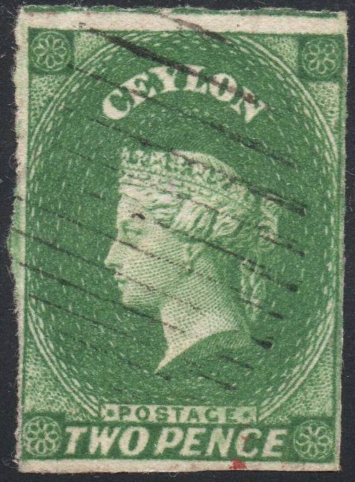 CEYLON - 1857 SG3 2d YELLOWISH-GREEN - VFU - CV £65(2017)