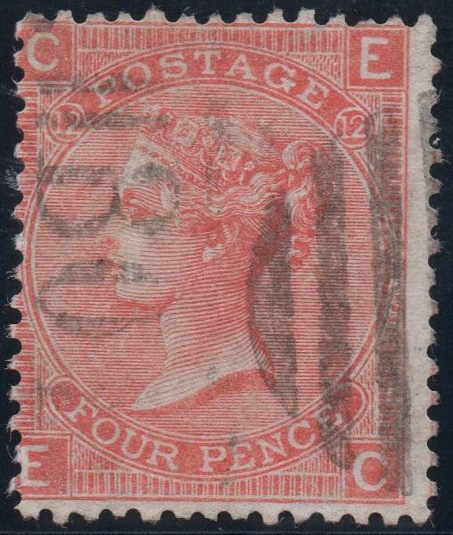 GREAT BRITAIN 1872 SG94 4d VERMILLION (PLATE 12) VFU  CV £75+(2017)