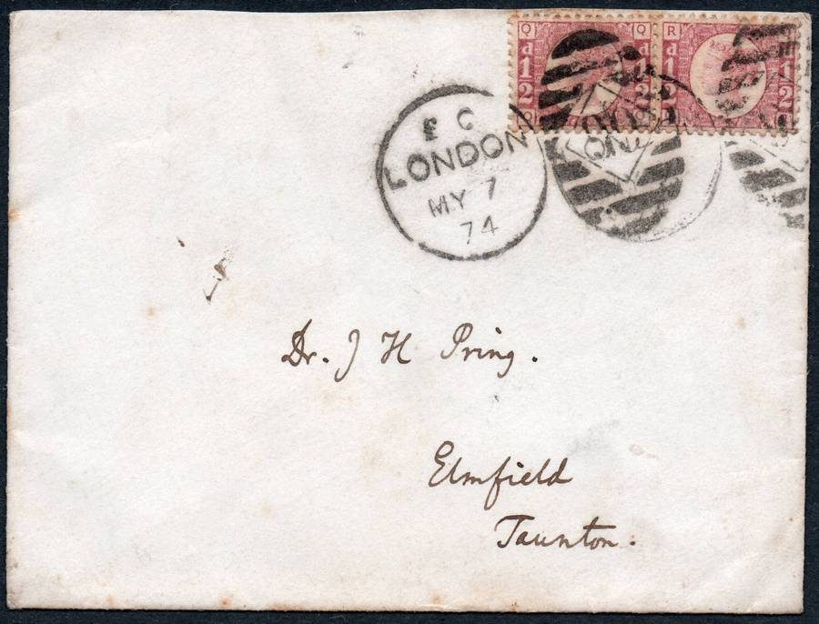 GREAT BRITAIN 1874 COVER LONDON TO TAUNTON TIED WITH ½d PAIR OF BANTAMS (PLATE 6) - SEE SCANS