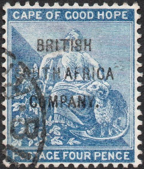 B.S.A.C. / Rhodesia 1896 SG62 4d BLUE - FINE USED - CV £26(2017)