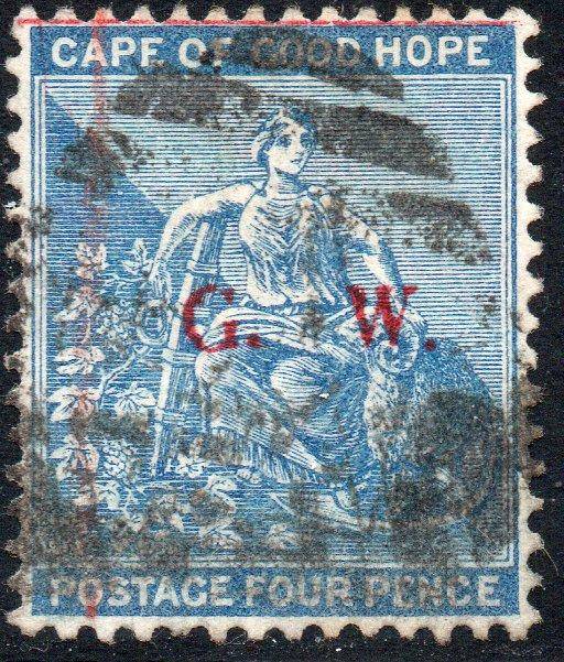 Griqualand West 1877 SG3 - 4d BLUE WITH O/P "G.   W.'' IN RED - VFU CV £80+(2017)
