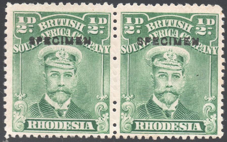 B.S.A.C / RHODESIA 1913-22 1/2d GREEN `SPECIMEN` PAIR - SCARCE - MNG CV R6840+
