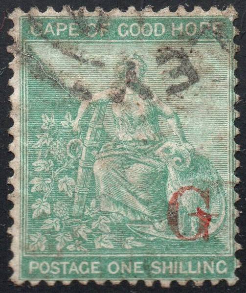 GRIQUALAND WEST 1877-8 SACC9b 1/- GREEN, O/P TYPE2  IN RED - VFU CV £110(2017)
