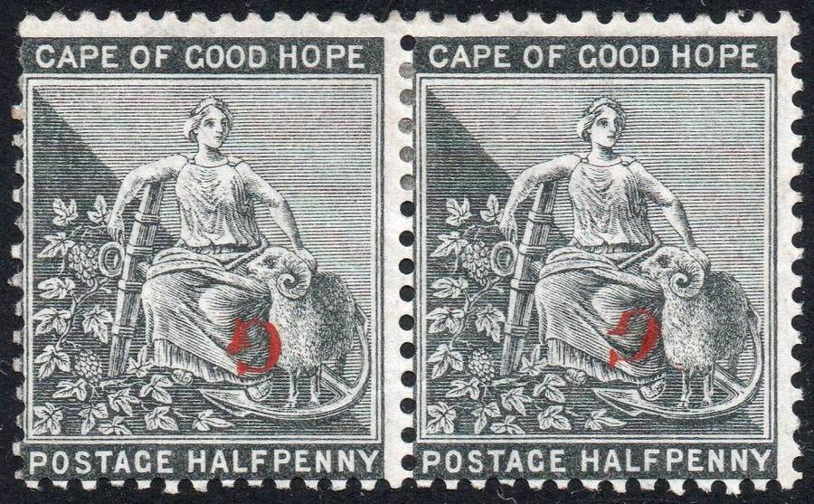 Griqualand West SG14a & SG15a - ½d GREY-BLACK PAIR - O/P TYPES 15 & 16, BOTH INVERTED IN RED - RARE