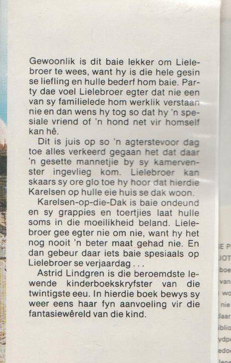 KARELSEN-OP-DIE DAK - ASTRID LINDGREN (1 STE AFRIKAANSE UITGAWE 1978) TV UITGAWE