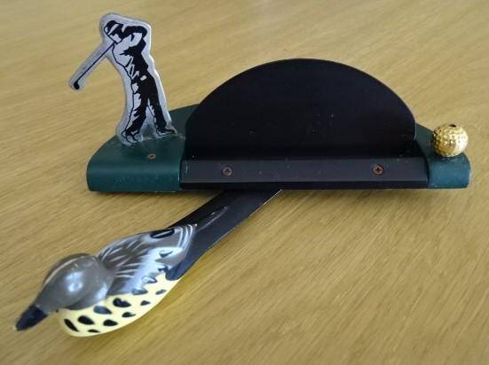BUSINESS CARD METAL HOLDER WITH A GOLF THEME AND DUCK LETTER OPENER