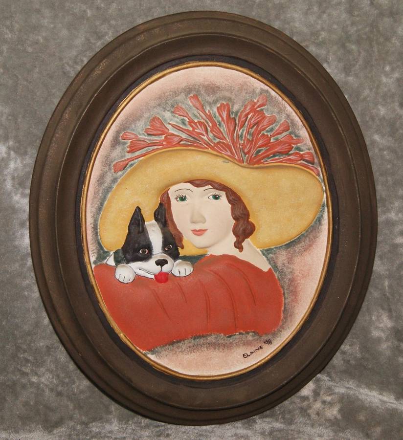 Hand painted ceramic portrait of lady and dog signed Elaine 98 @ Crazy R1 start