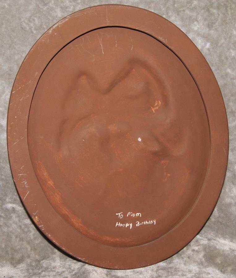 Hand painted ceramic portrait of lady with red bow on hat signed Elaine 98 @ Crazy R1 start