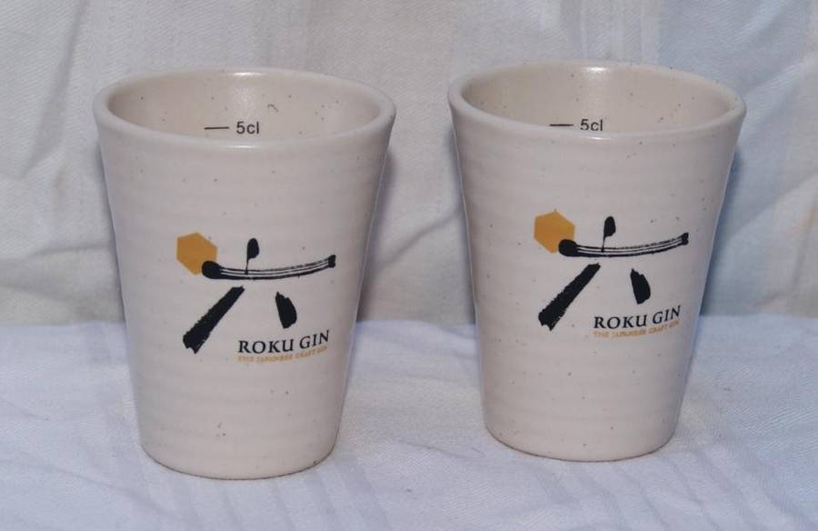 Pair of Roku Gin 5cl stoneware measuring/ drinking cup @ crazy R1 start