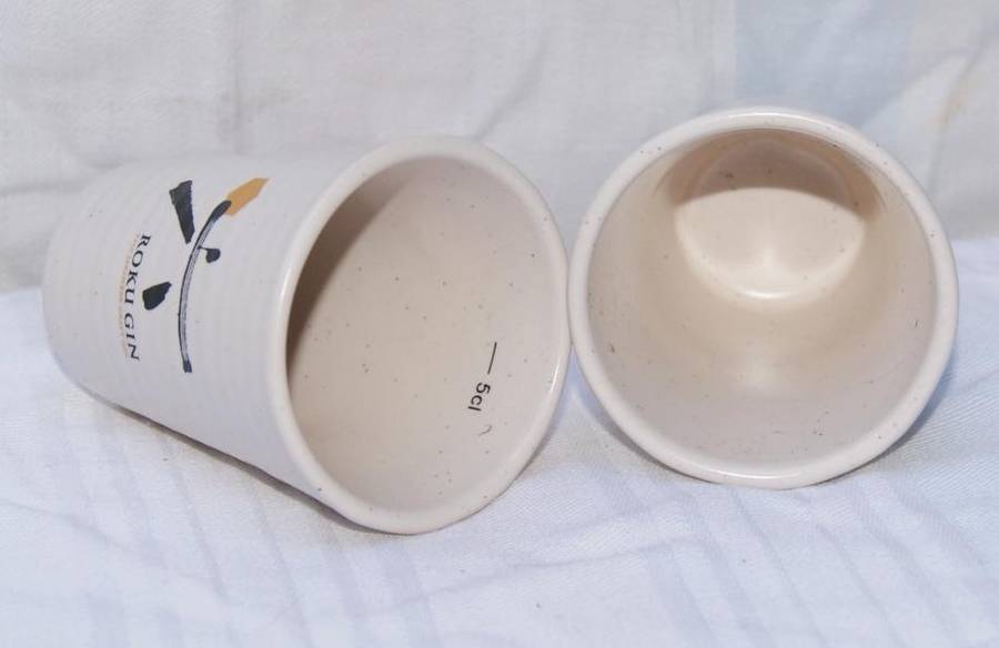 Pair of Roku Gin 5cl stoneware measuring/ drinking cup @ crazy R1 start