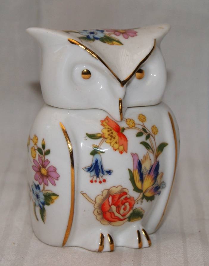 Aynsley "Cottage Garden" Owl Shaped Dressing Table Trinket Box