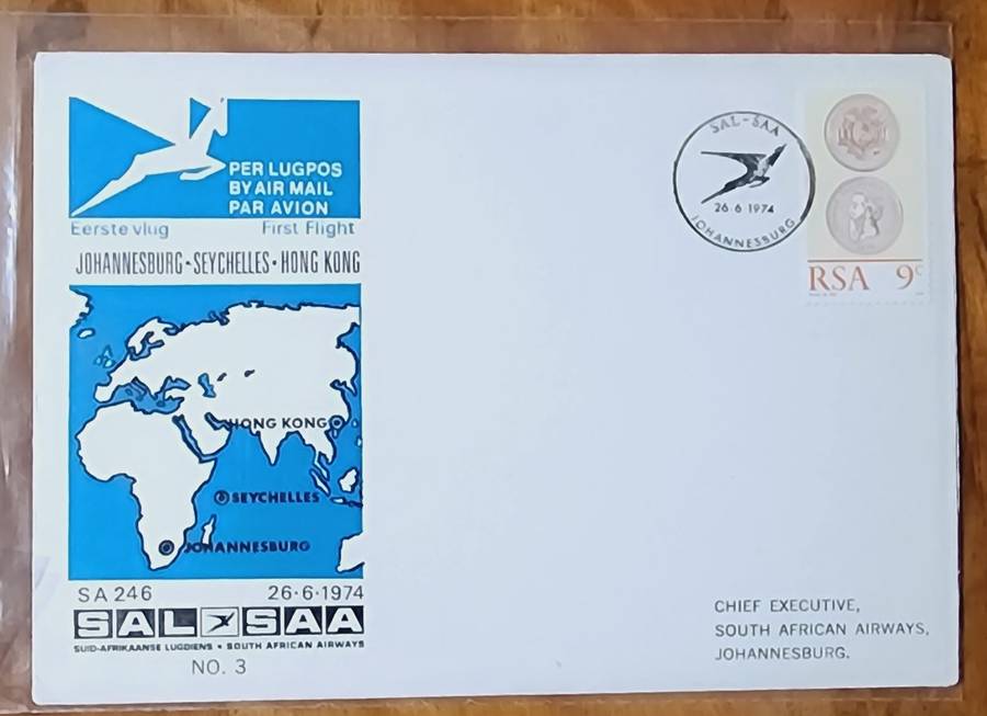 SAA FDC NO#3 JOHANNESBURG-SEYCHELLES-HONG KONG 1974