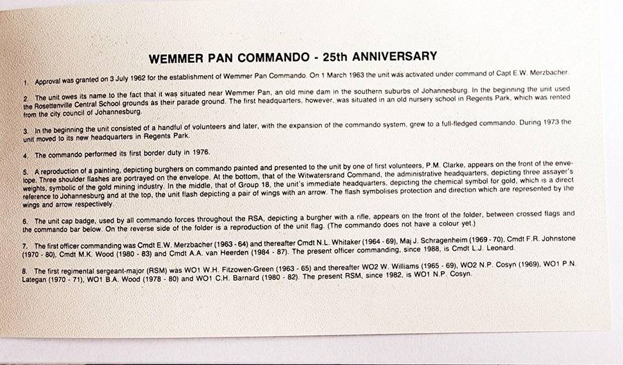 SADF FDC WEMMER PAN COMMANDO 1963-1988 #13 SIGNED