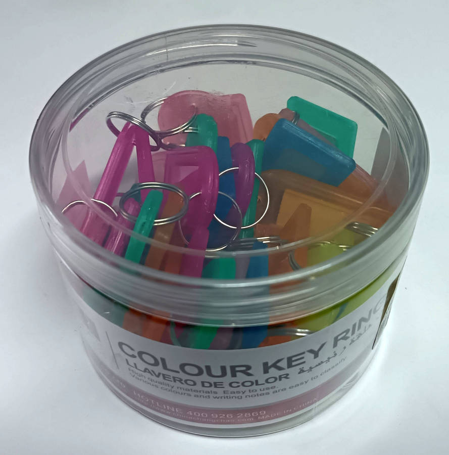 Tub of 36 Mixed Colour keyrings / Key Tags