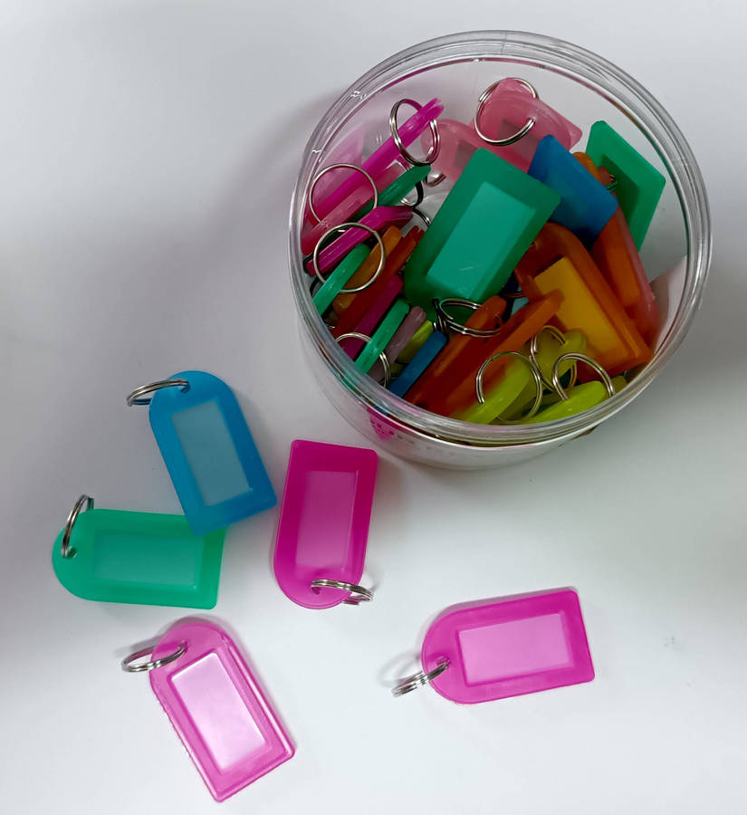 Tub of 36 Mixed Colour keyrings / Key Tags