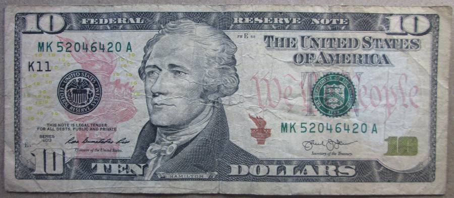 2013 United States of America 10 Dollars Serial Nr MK52046420A