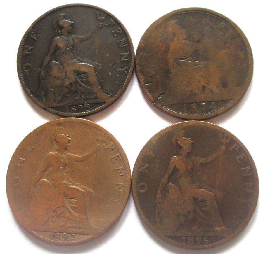 One Penny Great Britain 1874 + 1896 + 1897 + 1898