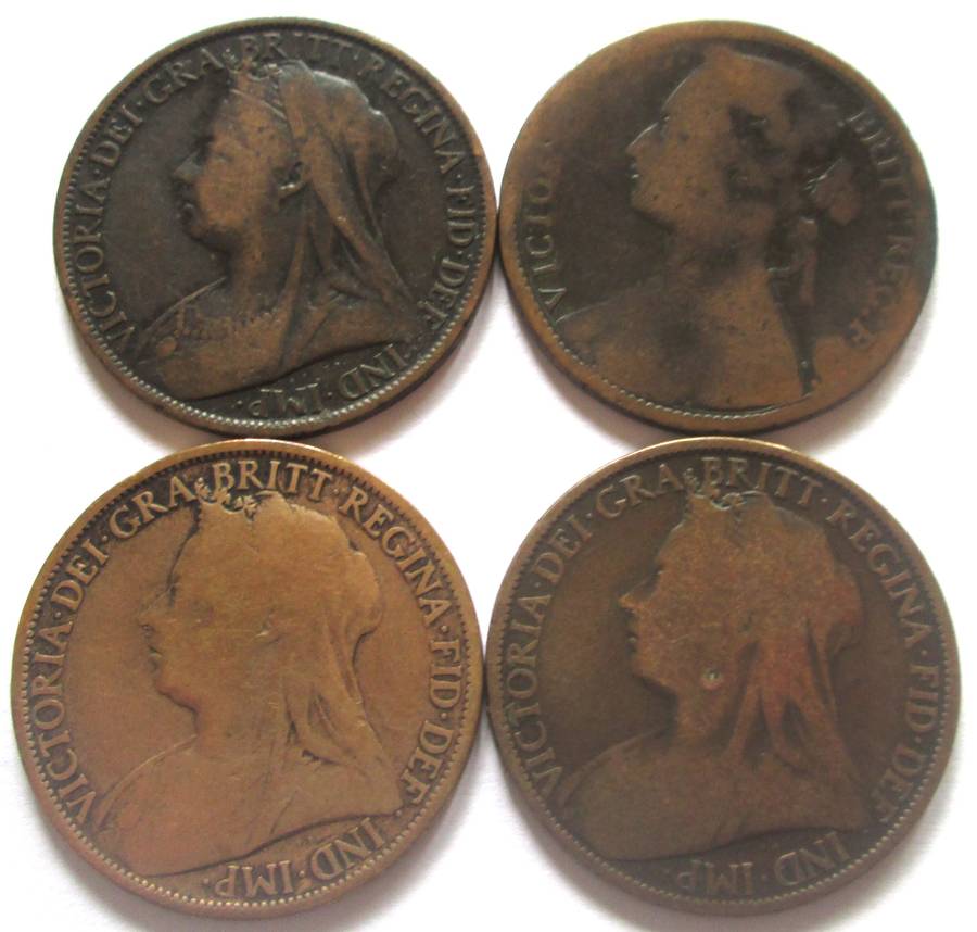 One Penny Great Britain 1874 + 1896 + 1897 + 1898