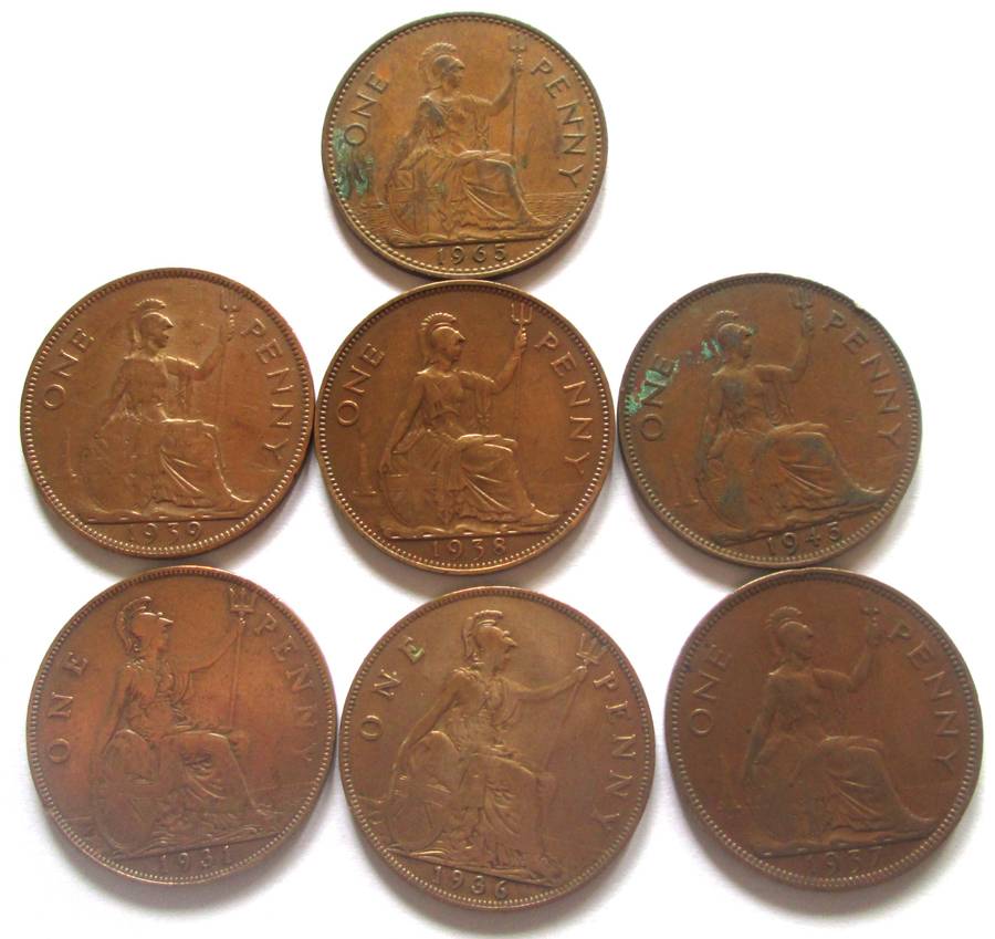 One Penny Great Britain 1931 + 1936 - 1939 + 1945 + 1965