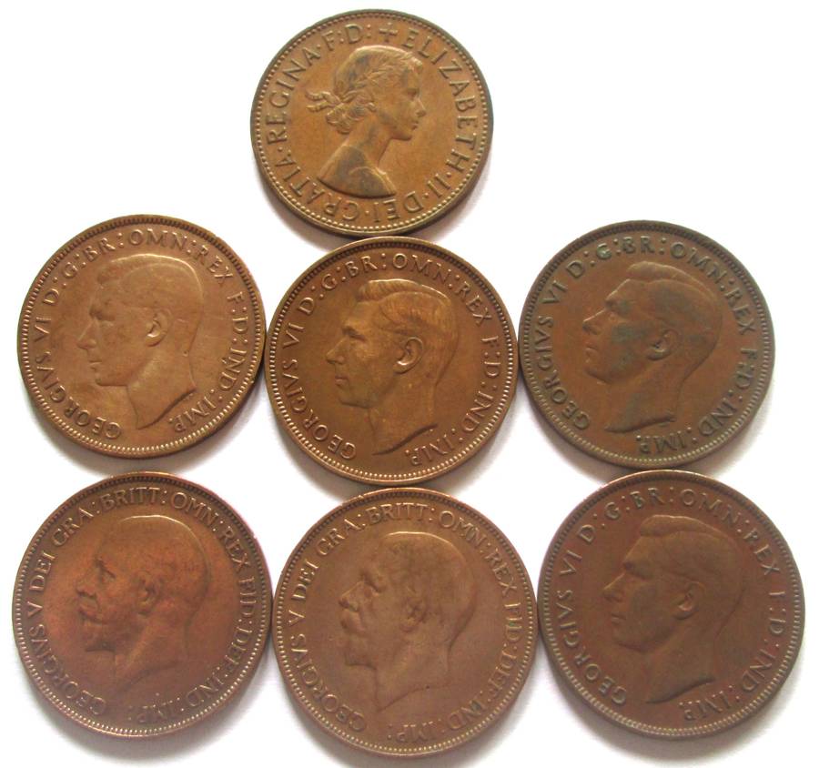 One Penny Great Britain 1931 + 1936 - 1939 + 1945 + 1965