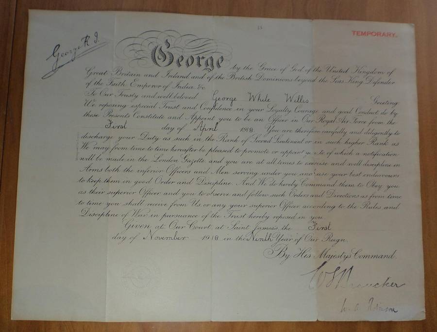 WW1 RAF Commission to G.W. Willis 1 April 1918