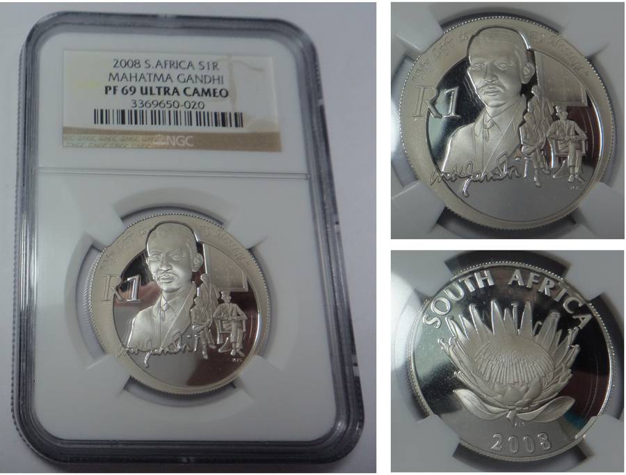Republic of SA Silver R1 2008 (Gandhi) NGC PF69 Ultra Cameo