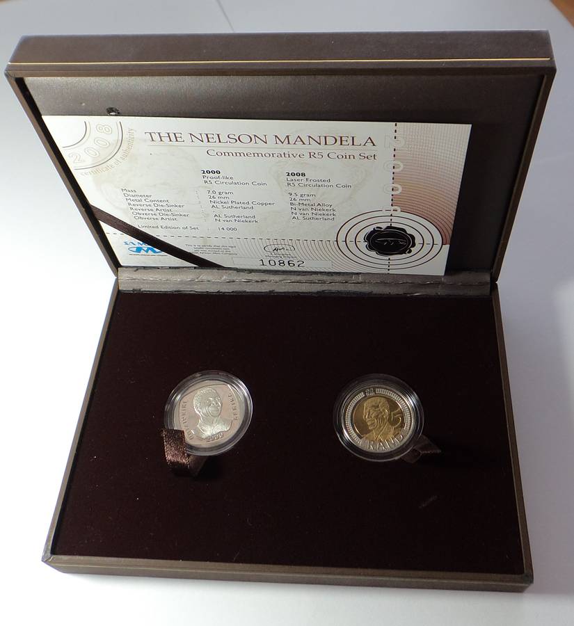 2008 Mandela Commemorative Set: Laser Frosted R5 & 2000 Proof-like R5
