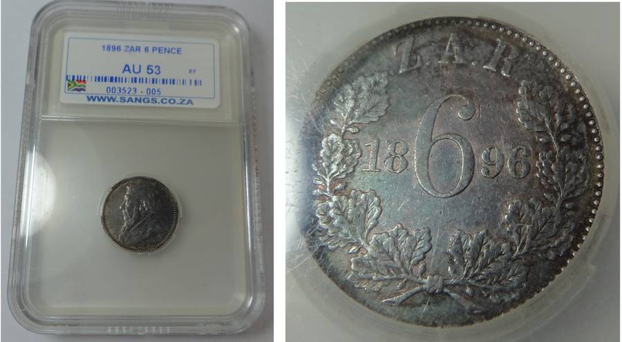 Paul Kruger ZAR 6 Pence 1896 Sangs AU 53