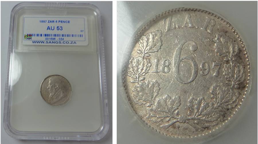 Paul Kruger ZAR 6 Pence 1897 Sangs AU 53