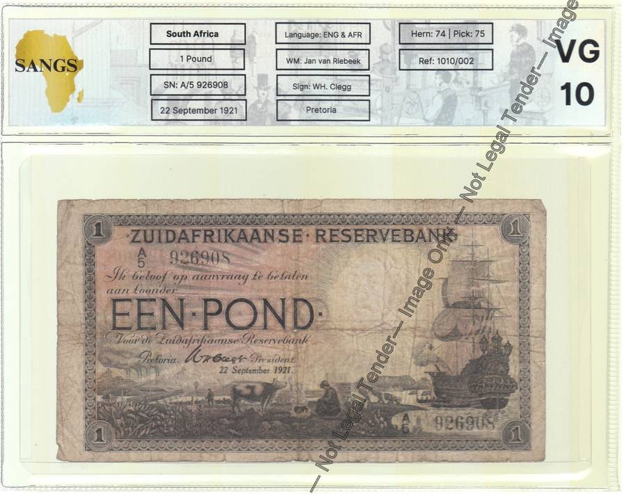 WH Clegg One Pound Note of 22 September 1921: Sangs VG 10