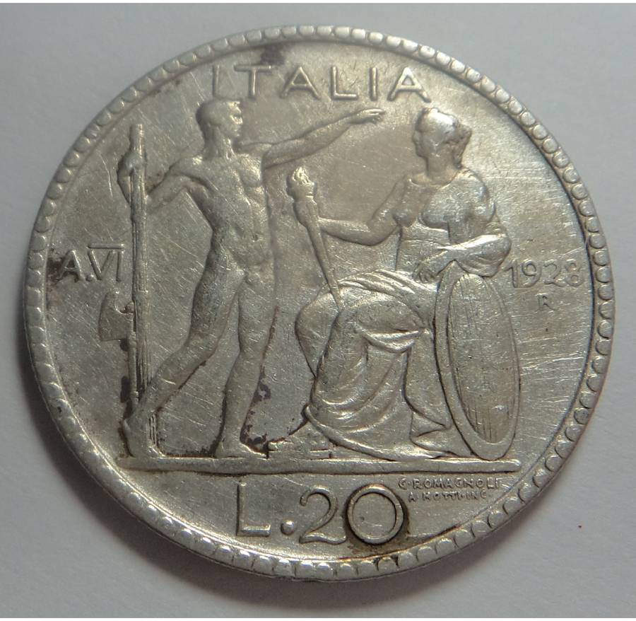 Italy: Silver 20 Lira of 1928 (High catalogue value)