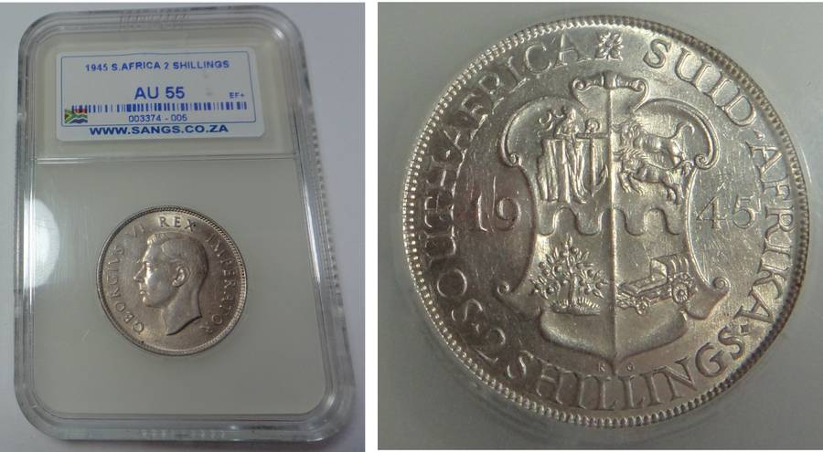 Union of SA: 2-Shillings of 1945: Sangs AU 55
