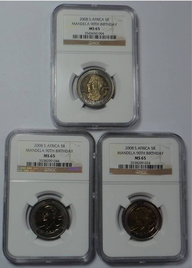 3 x 2008 R5s: Mandela 90th Birthday: NGC graded MS65