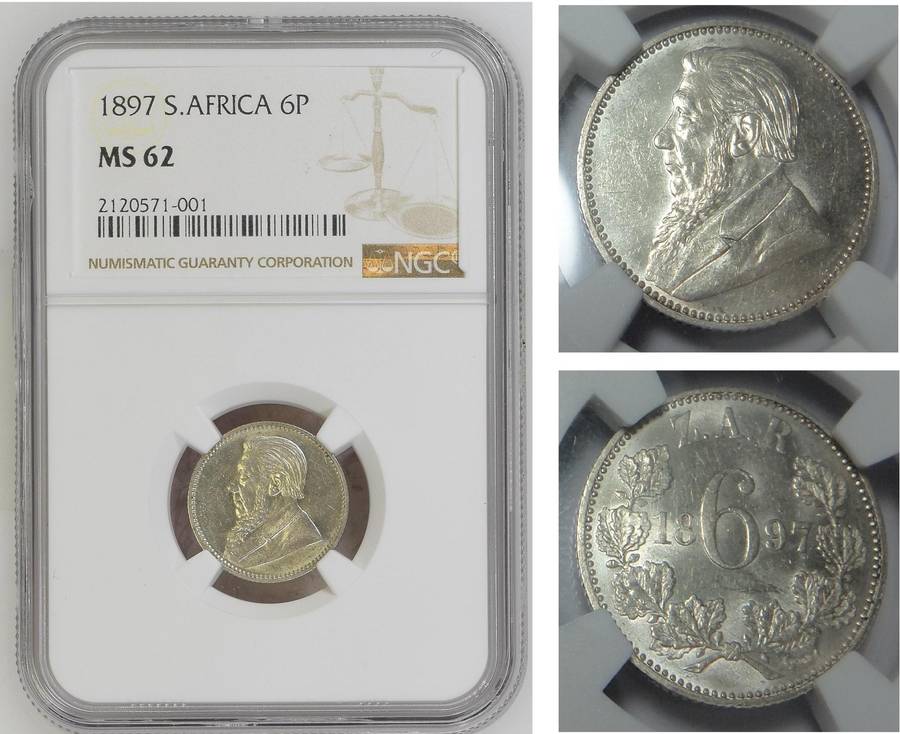 Paul Kruger ZAR 6-Pence 1897: NGC MS62