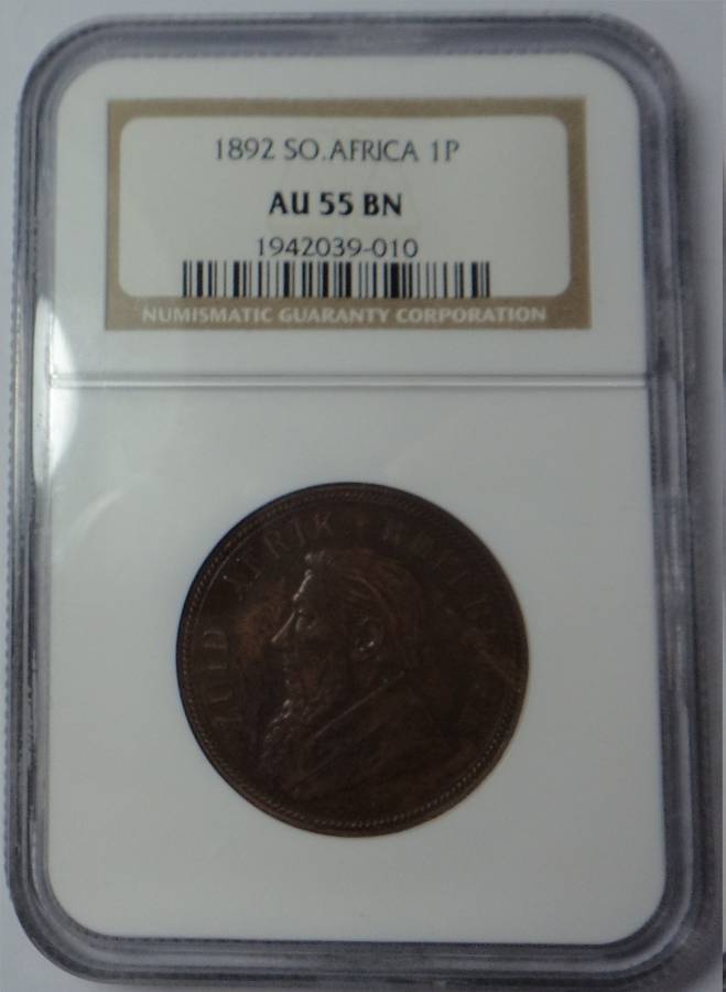 Paul Kruger ZAR: Penny of 1892: NGC AU55 BN