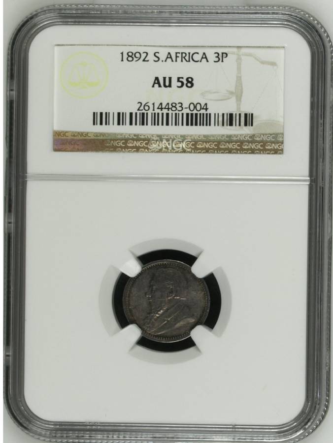 Paul Kruger ZAR: 3-Pence of 1892: NGC AU58