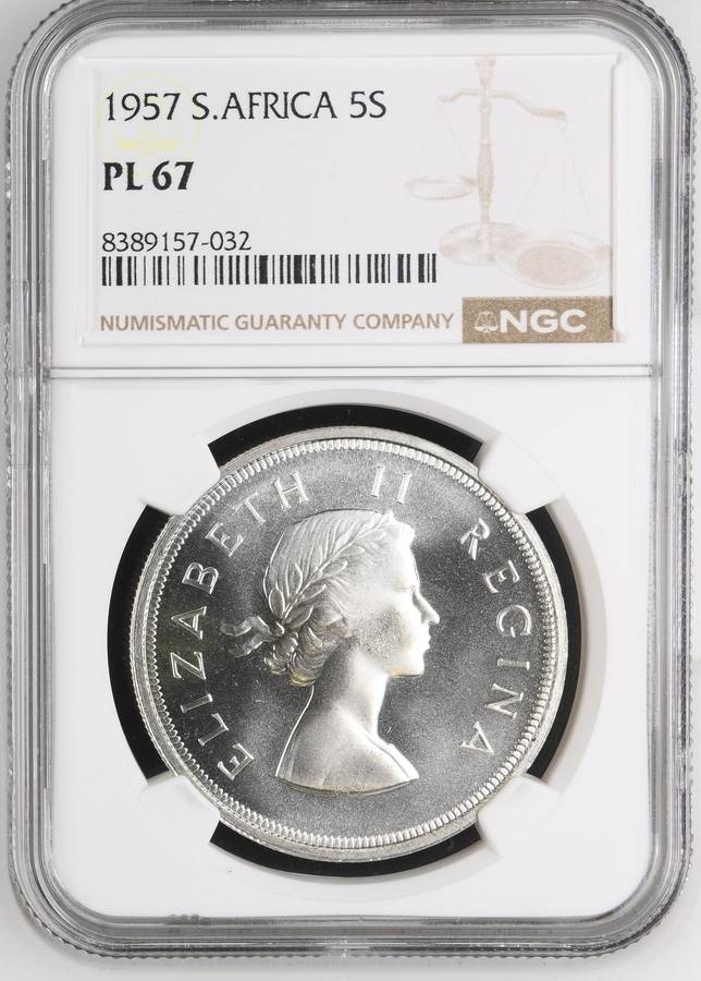 Union of SA: Crown (5/-) 1957 NGC PL67 (Top Pop)
