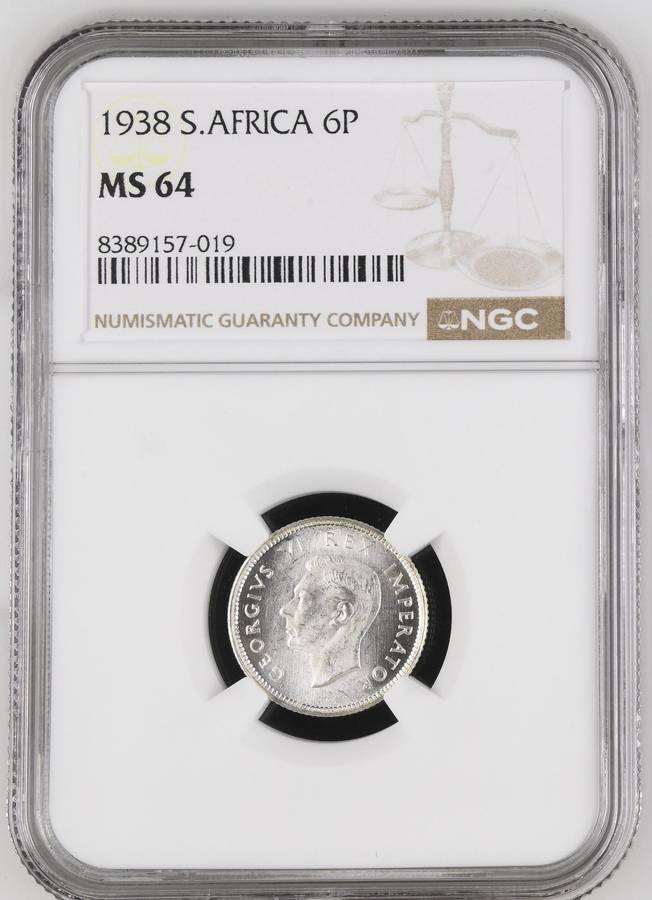 Union of SA: 6 Pence 1938 NGC MS64