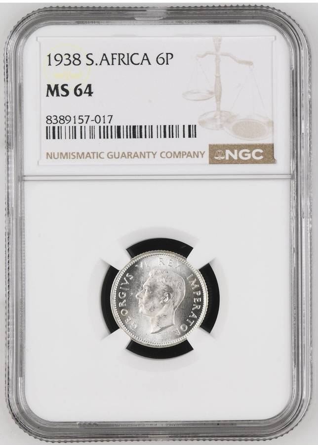 Union of SA: 6 Pence 1938 NGC MS64