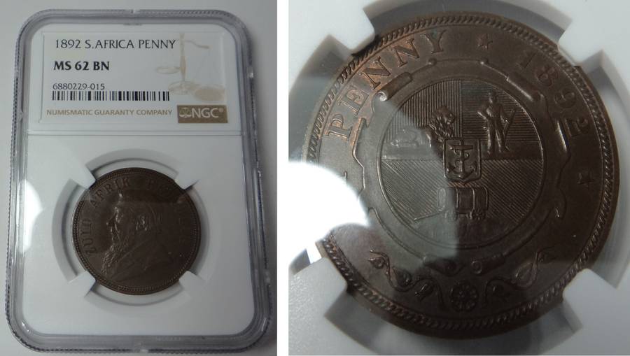 Paul Kruger ZAR Penny 1892: NGC MS 62 BN