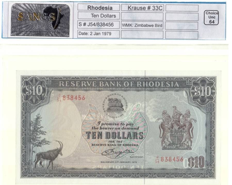 Rhodesia, 10 Dollars, 2 January 1979, Sangs Choice Unc 64