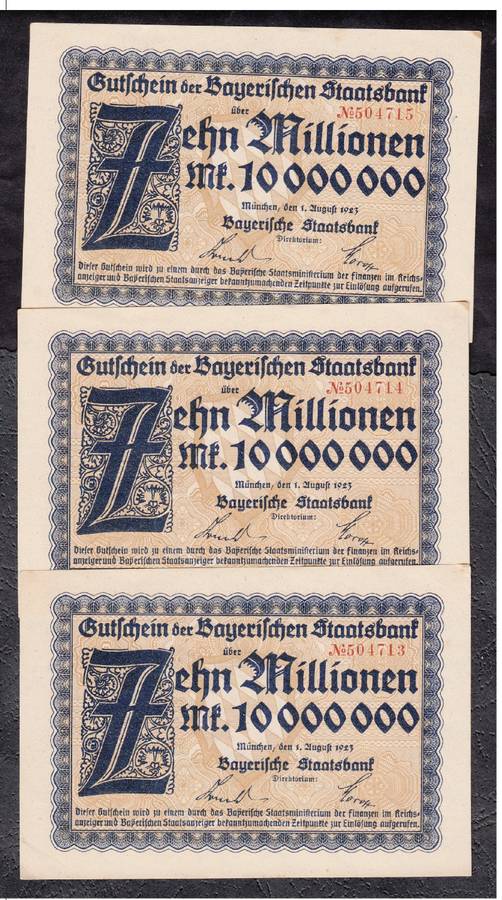 Germany: 3 x 10 Million Mark Bayerische Staatsbank 1 August 1923 in Sequential Order