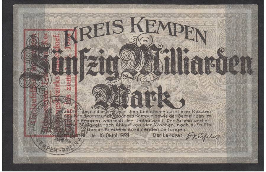 Kreis Kempen Funfzig Milliarden Mark 10 Oktober 1923