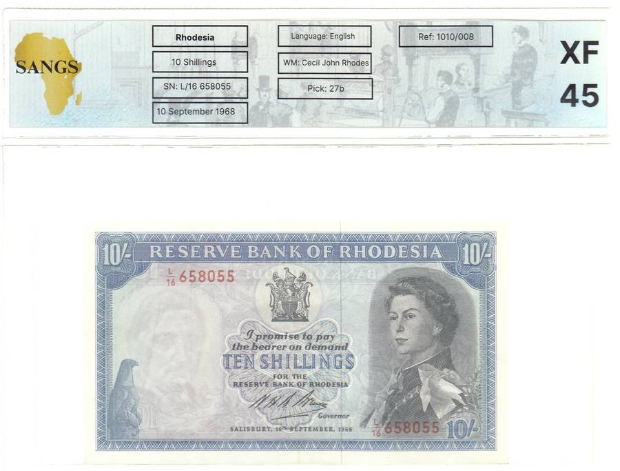 Southern Rhodesia: Ten Shillings 10 Sept. 1968: Sangs XF 45
