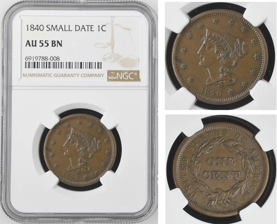 USA Large Cent 1840 (small date) NGC AU 55 BN