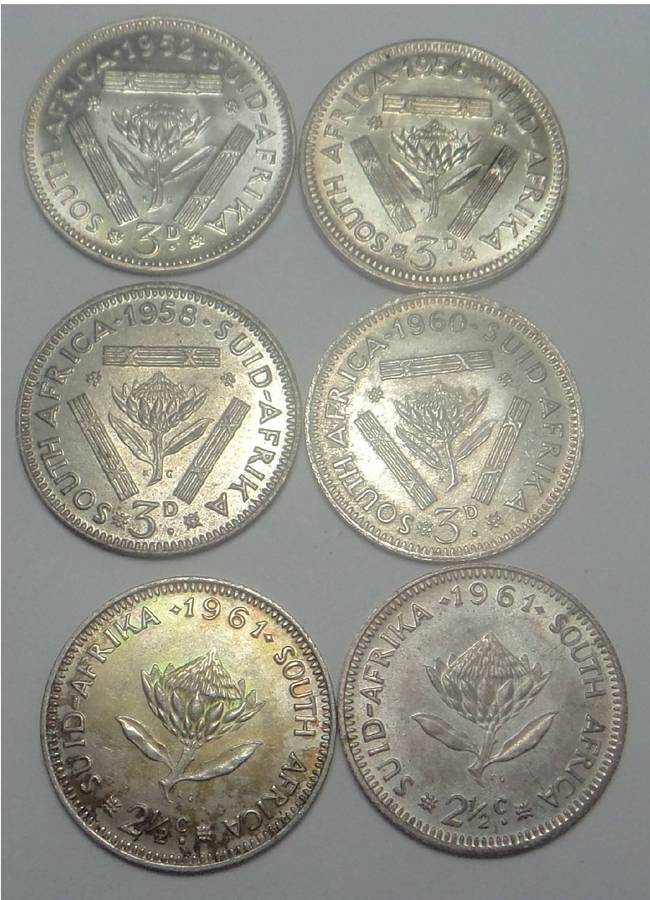 6 x UNC Silver Tickies of South Africa