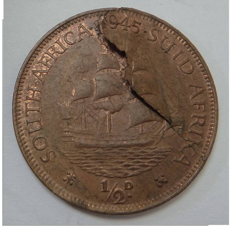 SA Union Half Penny 1945 Reverse Lamination Error